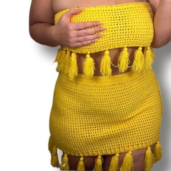 Elexiay 2pc yellow set crochet handmade skirt top - Picture 8 of 8